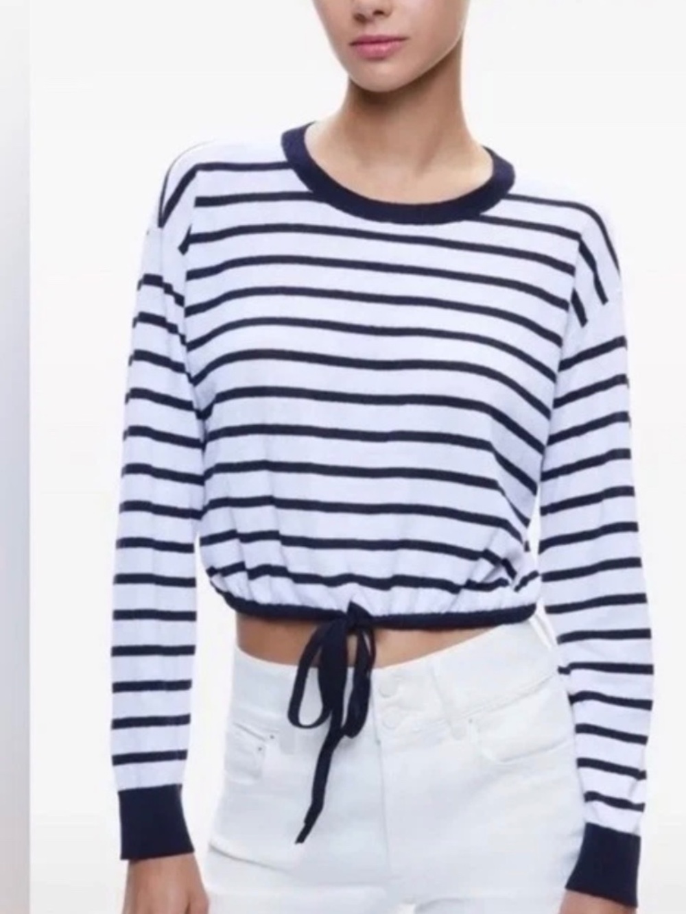 Alice + Olivia Blue White Striped Linen Cotton Long Sleeve Bernetta Top, M